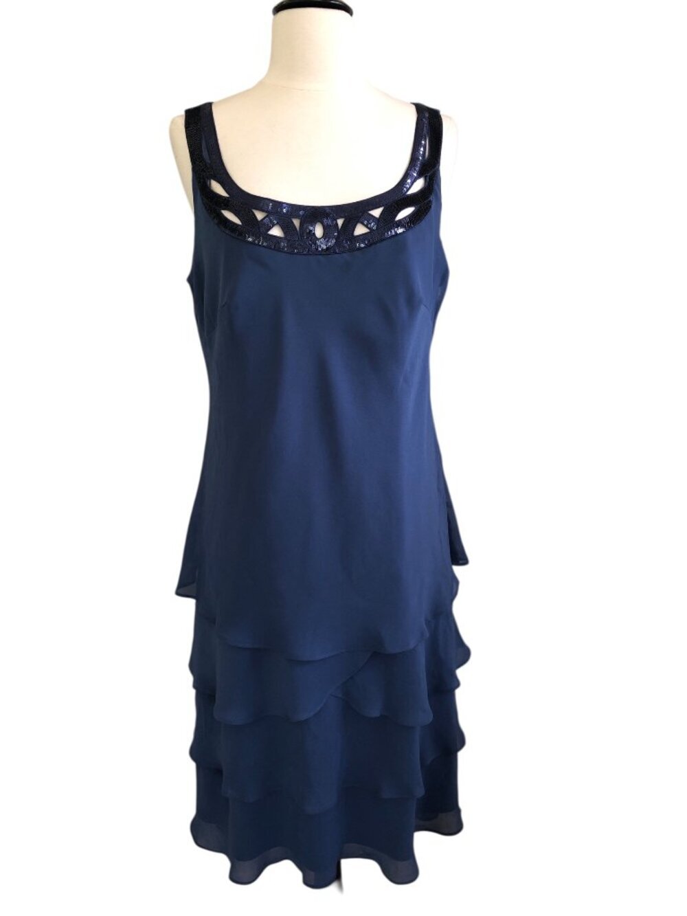 SLNY Tiered Ruffle Blue Cocktail Chiffon Dress 14P Mermaid - Picture 2 of 12
